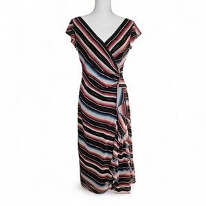 Lauren Ralph Lauren Womens Stripe Flutter Sleeve Surplice Neck Faux Wrap Dress 8